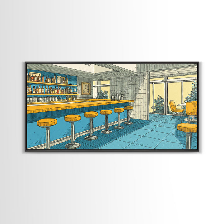 Retro Blue And Yellow Hotel Bar With Round Stools, Mid Century Modern Wall Art, MCM Lounge Decor, Diner Interior Print Poster