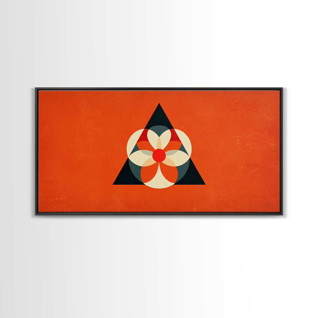 Orange Geometric Flower In Black Triangle, Mid Century Modern Canvas Print, Atomic Bauhaus Wall Decor, Abstract MCM Poster