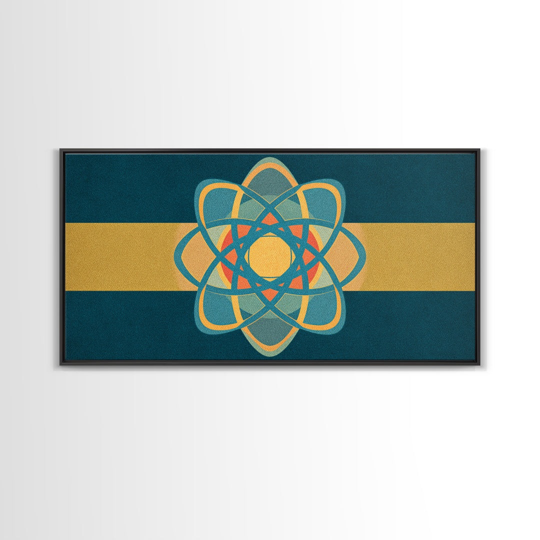 Teal And Gold Atomic Orbit Abstract, Mid Century Modern Wall Art, Retro Science Decor, Geometric MCM Canvas Print Poster