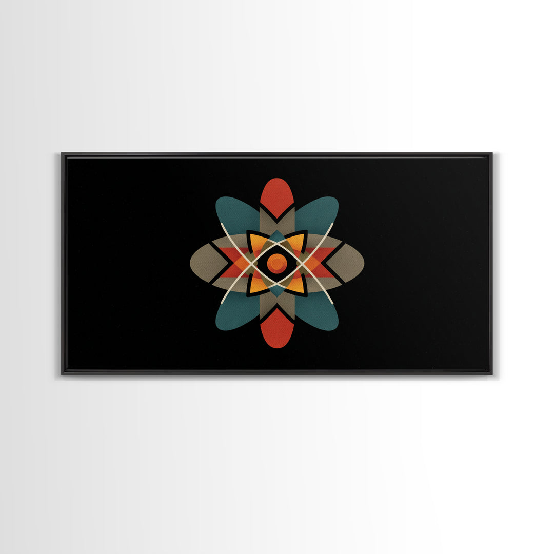Black Atomic Starburst With Teal Orange Shapes, Mid Century Modern Canvas Print, Retro Space Wall Art, Geometric MCM Decor
