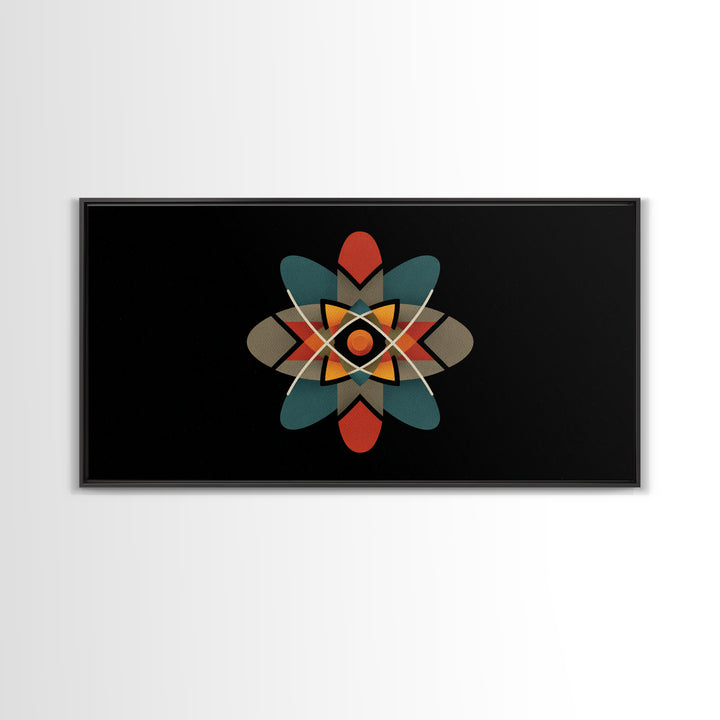 Black Atomic Starburst With Teal Orange Shapes, Mid Century Modern Canvas Print, Retro Space Wall Art, Geometric MCM Decor