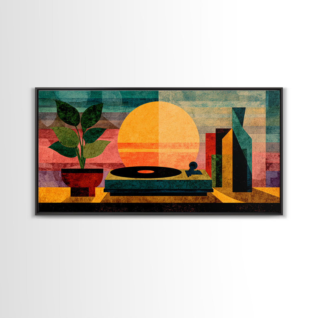 Sunset Turntable Still Life With Plant And Bottles, Mid Century Modern Wall Art, Vinyl Record Decor, Retro Music Canvas Print