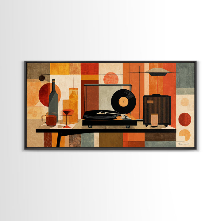 Midcentury Record Player Still Life With Bottle And Radio, Framed Canvas Print, MCM Wall Art, Retro Music Home Decor Poster
