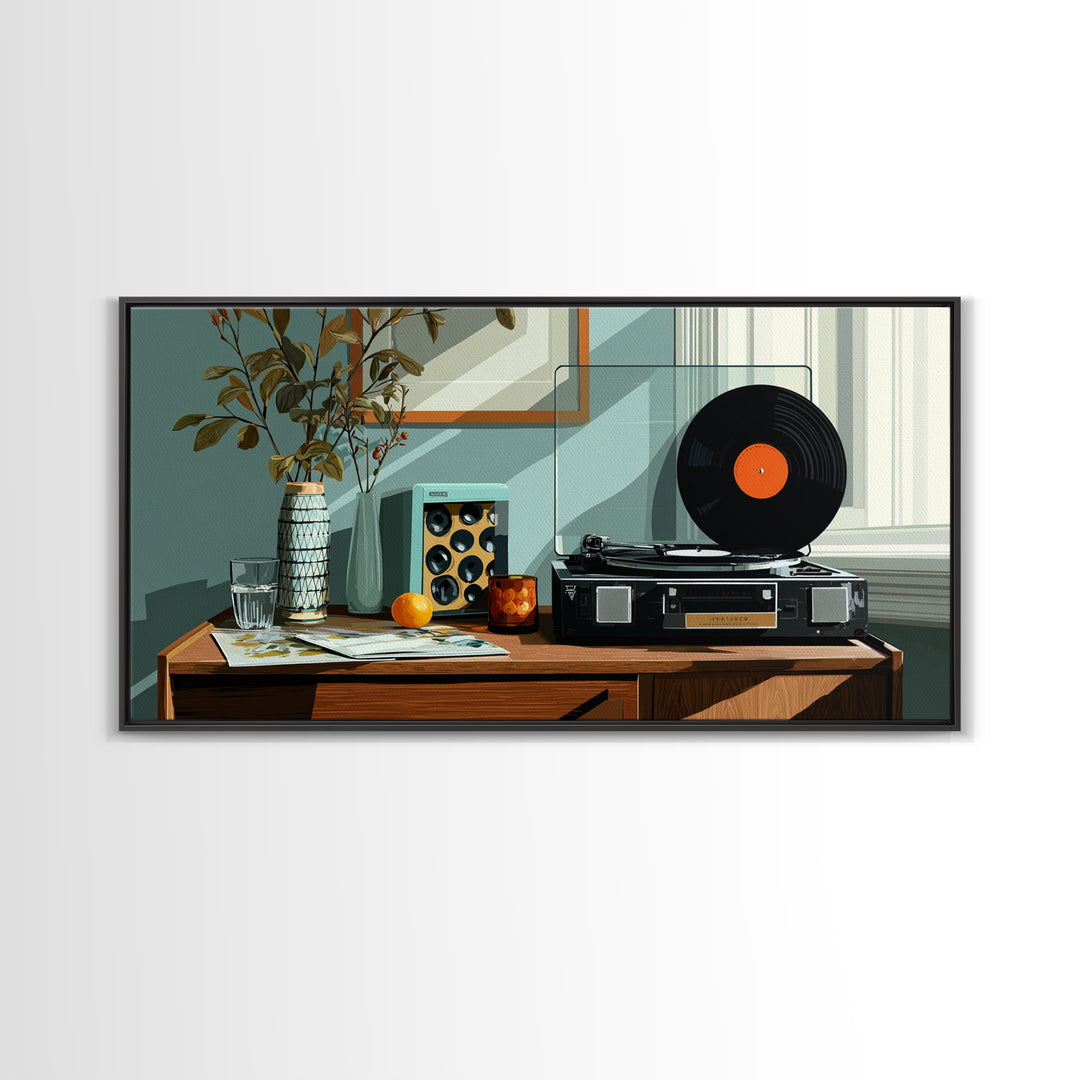 Modern Record Player And Plant Framed Canvas Print, Mid Century Modern Wall Art, Retro Vinyl Decor For Office Or Music Room