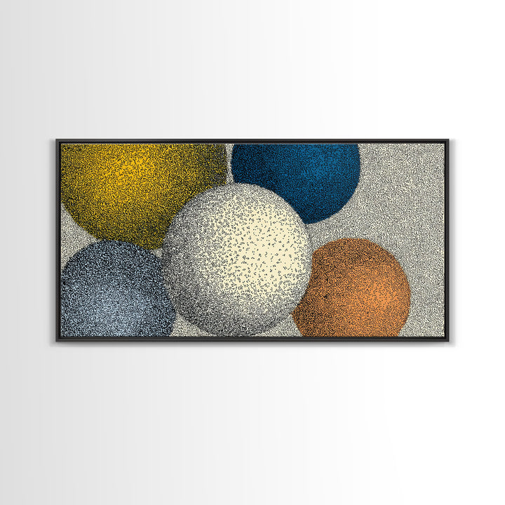 Large Dotted Circle Abstract Wall Art, Mid Century Modern Geometric Poster, Blue Orange Spheres Print For Living Room Decor