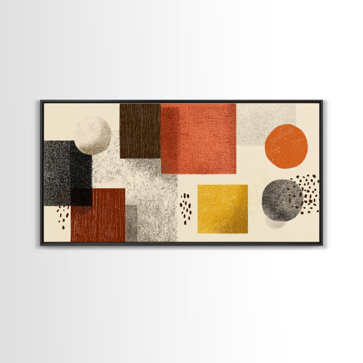Earth Tone Geometric Shapes Framed Canvas Print, Mid Century Modern Wall Art, Orange Yellow Abstract Decor For Home Office