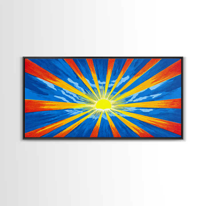 Radiant Sunburst Canvas Print, Blue Orange Yellow Rays Poster, Midcentury Modern Art, Retro Wall Decor, Geometric MCM Print