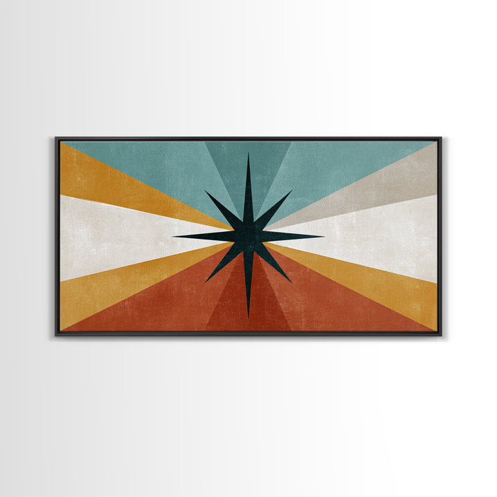 Compass Star Geometric Abstract Wall Art, Mid Century Modern Atomic Poster, Retro MCM Canvas Print, Teal Orange Wall Decor