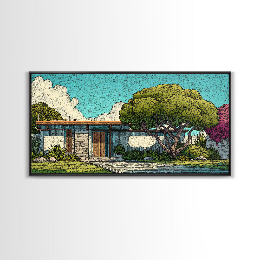 Mid Century Modern House Landscape Wall Art, Retro Architecture Poster, Palm Springs Style Home Decor, Colorful Garden Print
