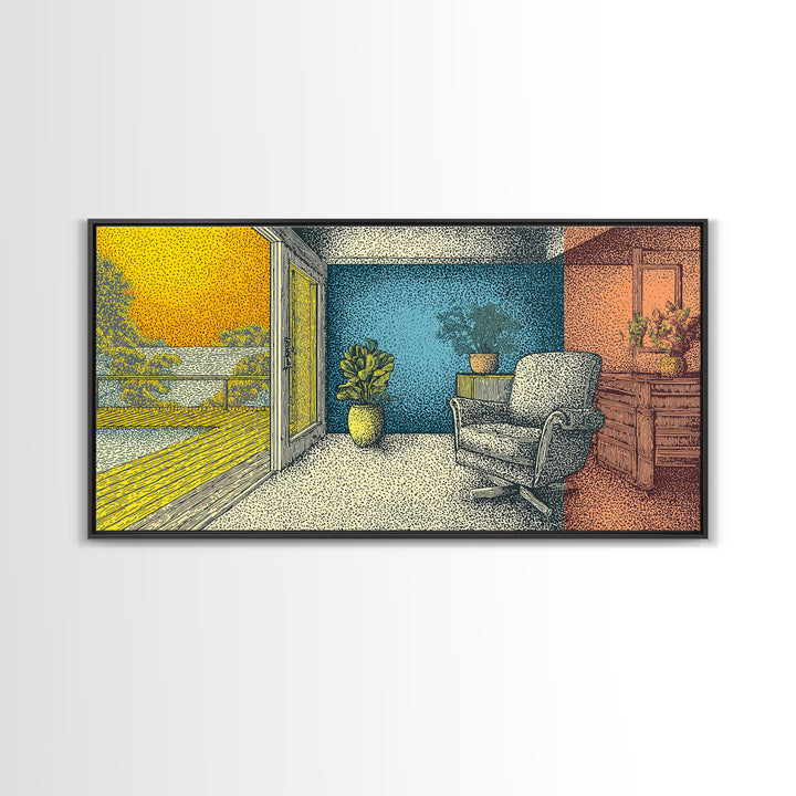 Sunny Midcentury Balcony Interior With Lake View Wall Art, Retro Modern Decor, MCM Living Room Art, Yellow Blue Canvas Print