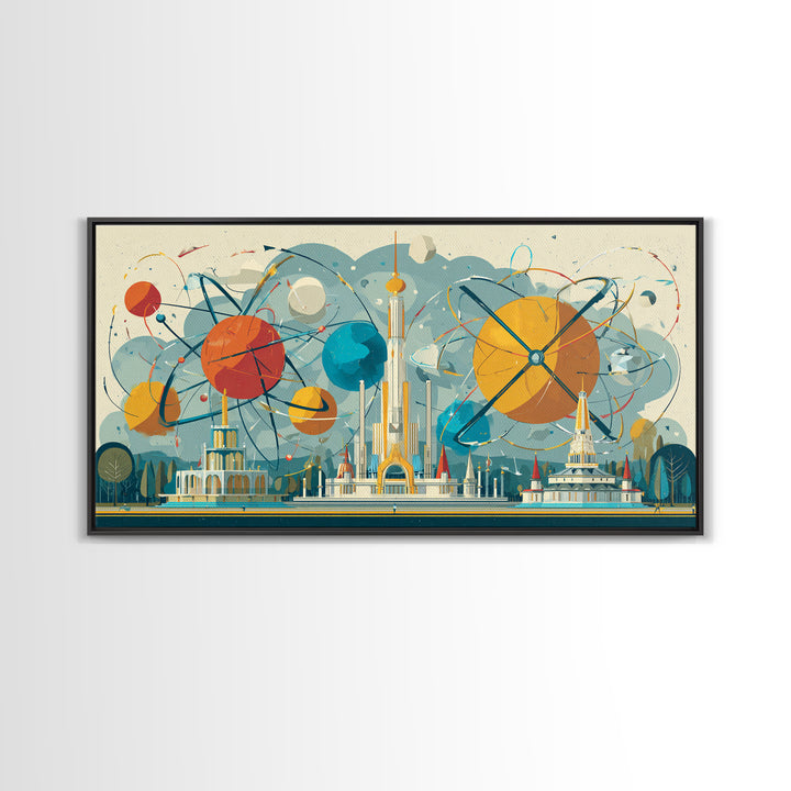 Atomic Planets Over Futuristic Fair City Wall Art, Midcentury Modern Art, Retro Space Poster, MCM Decor, Geometric Canvas Print