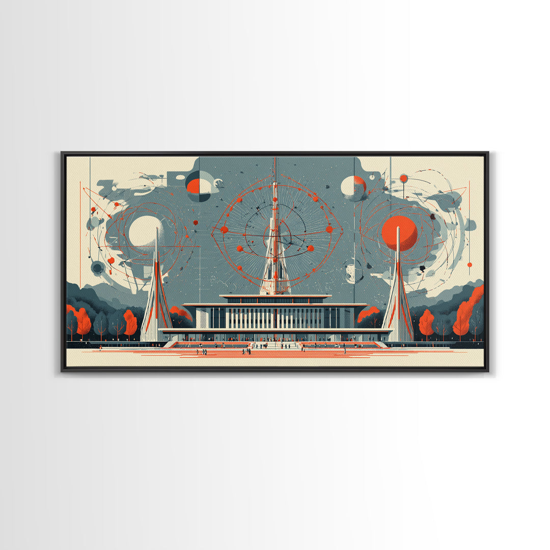 Modernist Atomic Pavilion With Red Orbit Diagrams Wall Art, Midcentury Modern Decor, Bauhaus Poster, Framed Canvas Print