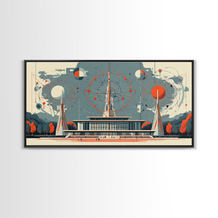 Modernist Atomic Pavilion With Red Orbit Diagrams Wall Art, Midcentury Modern Decor, Bauhaus Poster, Framed Canvas Print