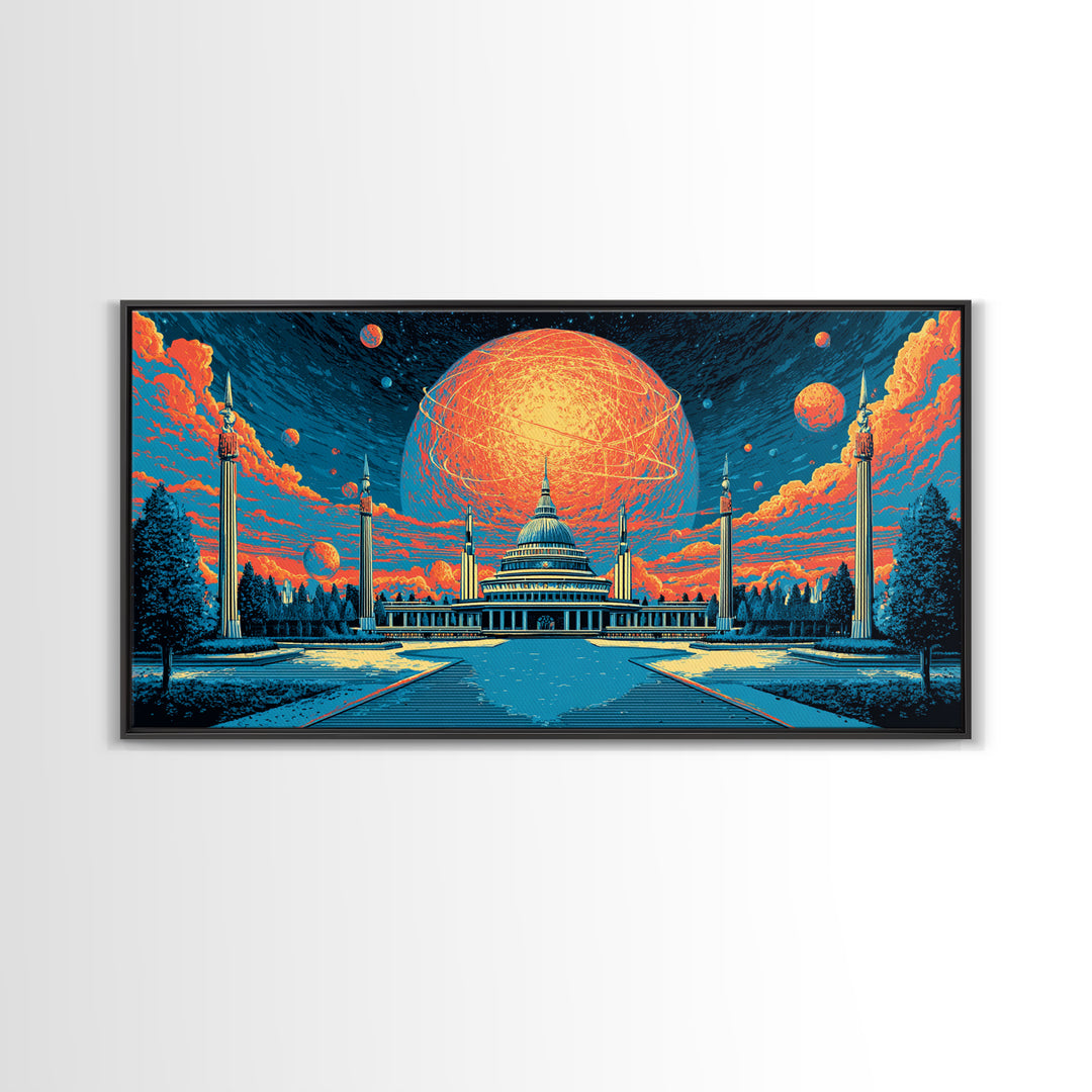 Glowing Orange Planet Over Capitol Skyline Wall Art, Retro Sci Fi Poster, Washington DC Decor, Atomic Midcentury Canvas Print