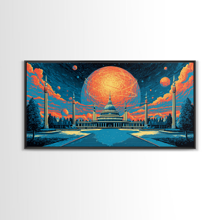Glowing Orange Planet Over Capitol Skyline Wall Art, Retro Sci Fi Poster, Washington DC Decor, Atomic Midcentury Canvas Print