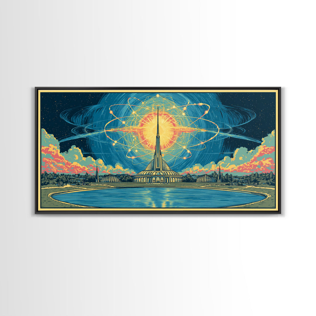 Atomic Sun Above Futuristic Tower And Reflecting Pool Wall Art, Midcentury Modern Decor, Retro Space Framed Canvas Print