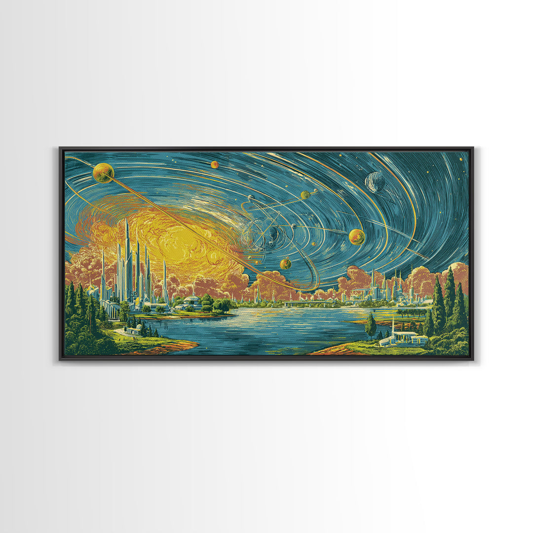 Orbiting Planets Over Futuristic Lake City Wall Art, Retro Modern Art Print, Midcentury Decor, MCM Wall Decor, Atomic Canvas Print