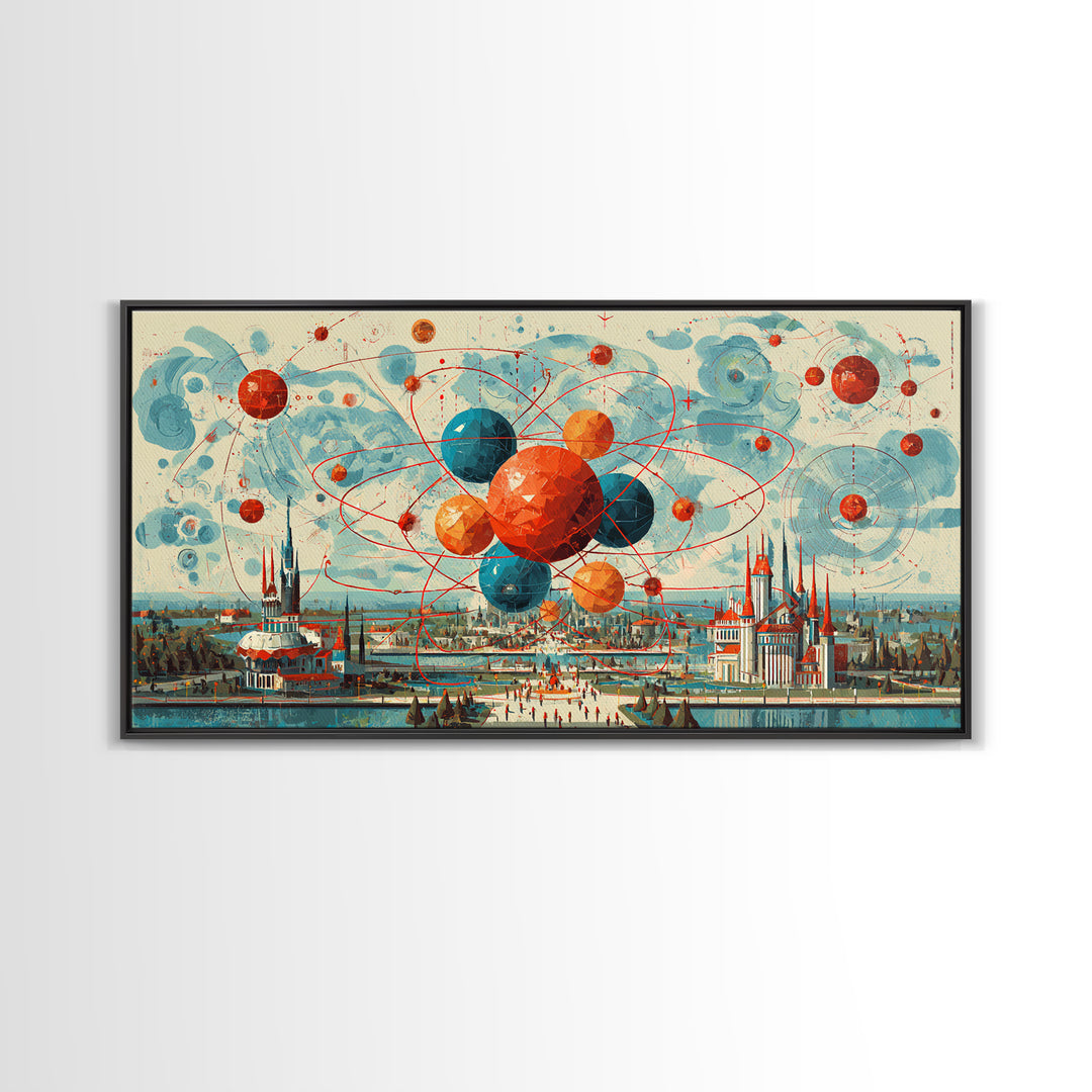 Giant Atomic Spheres Above Worlds Fair City Wall Art, Midcentury Modern Art, Retro Science Poster, MCM Decor, Framed Canvas Print