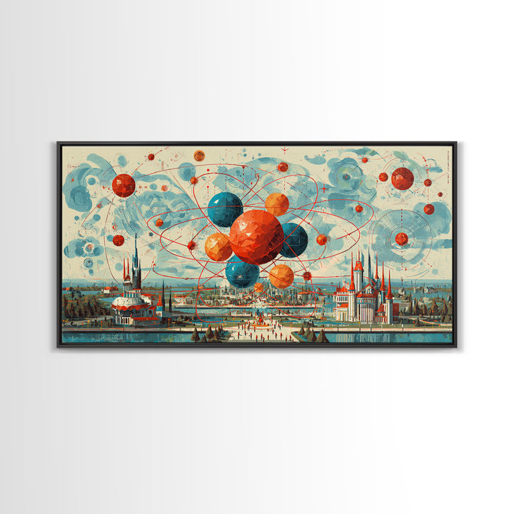 Giant Atomic Spheres Above Worlds Fair City Wall Art, Midcentury Modern Art, Retro Science Poster, MCM Decor, Framed Canvas Print