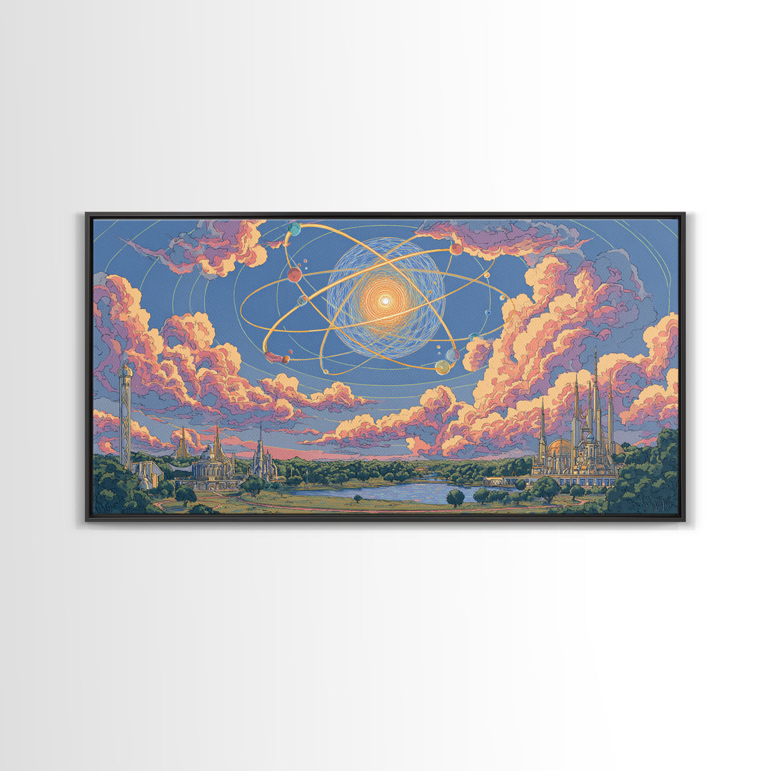 Pastel Atomic Sky Over River And Future Cities Wall Art, Retro Modern Decor, Midcentury Art Print, Pink Blue Framed Canvas Print