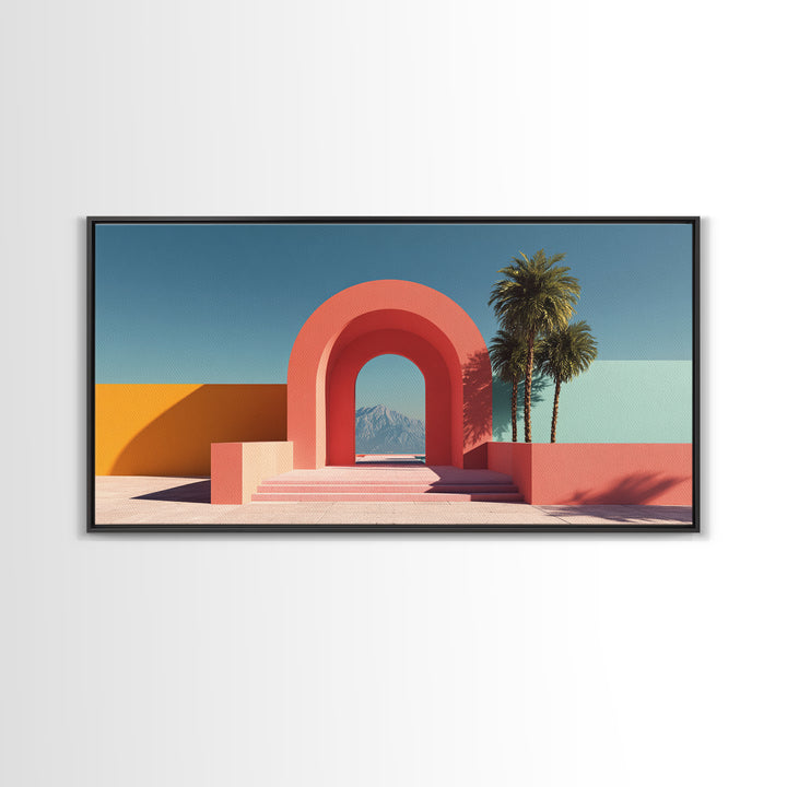 Pink Desert Archway With Palms And Mountain View Wall Art, Midcentury Modern Palm Springs Decor, Retro Landscape Print Poster