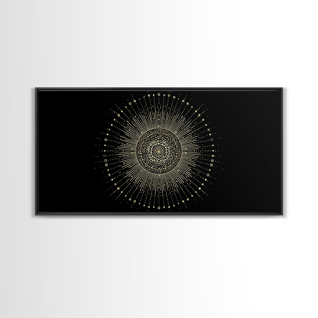 Gold Radiant Sunburst Wall Art, Midcentury Modern Art, Black Gold Frame Decor, Celestial Geometric Print, Retro Home Decor
