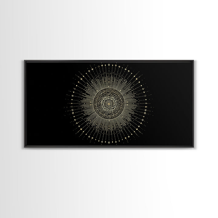 Gold Radiant Sunburst Wall Art, Midcentury Modern Art, Black Gold Frame Decor, Celestial Geometric Print, Retro Home Decor