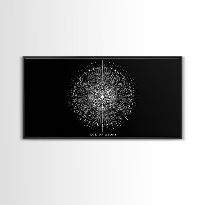 Age Of Atoms Starburst Wall Art, Midcentury Modern Art, Black White Space Poster, Atomic Retro Print, Science Wall Decor