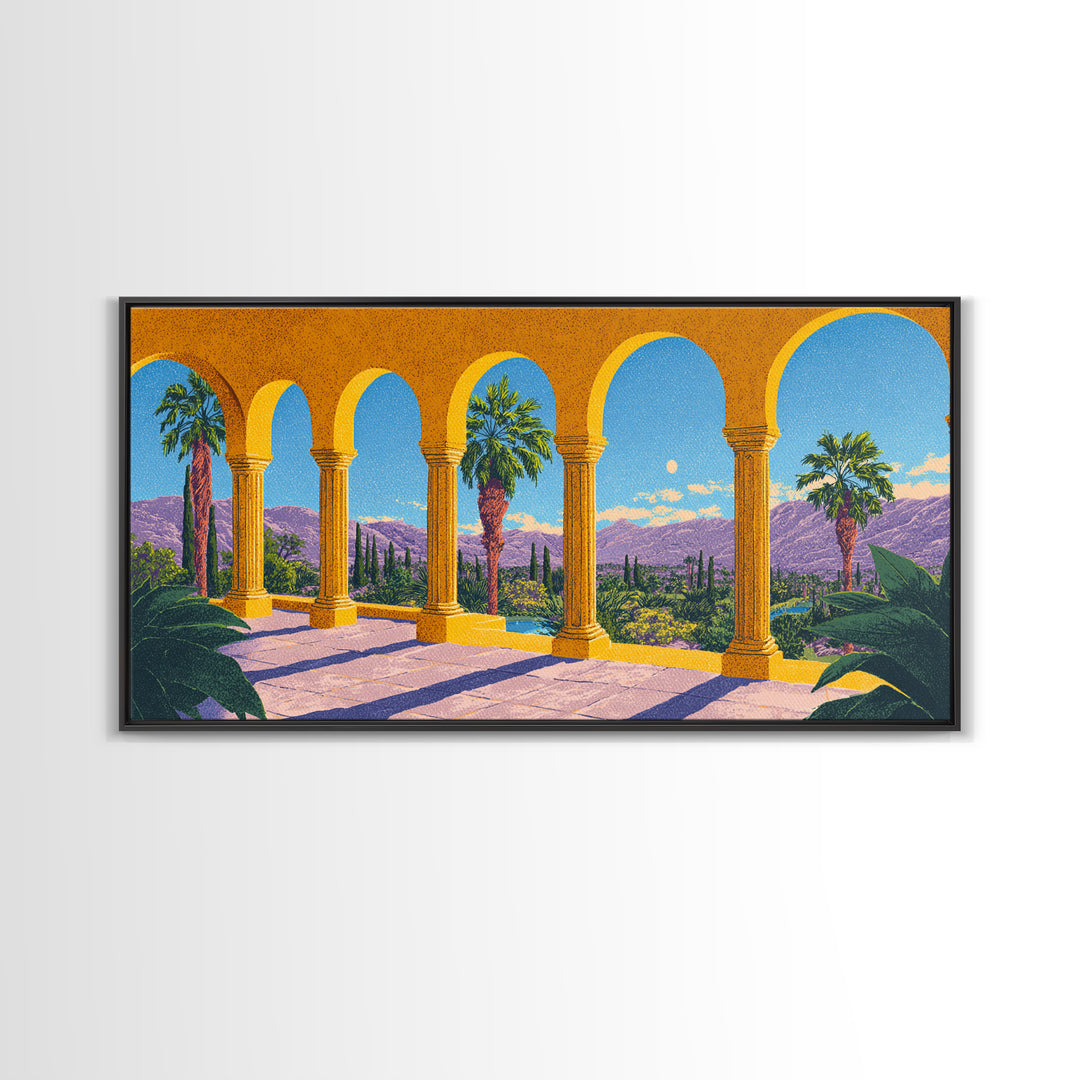 Golden Arcade Arches With Palms And Purple Mountains Wall Art, Midcentury Modern Travel Poster, Retro Palm Springs Decor