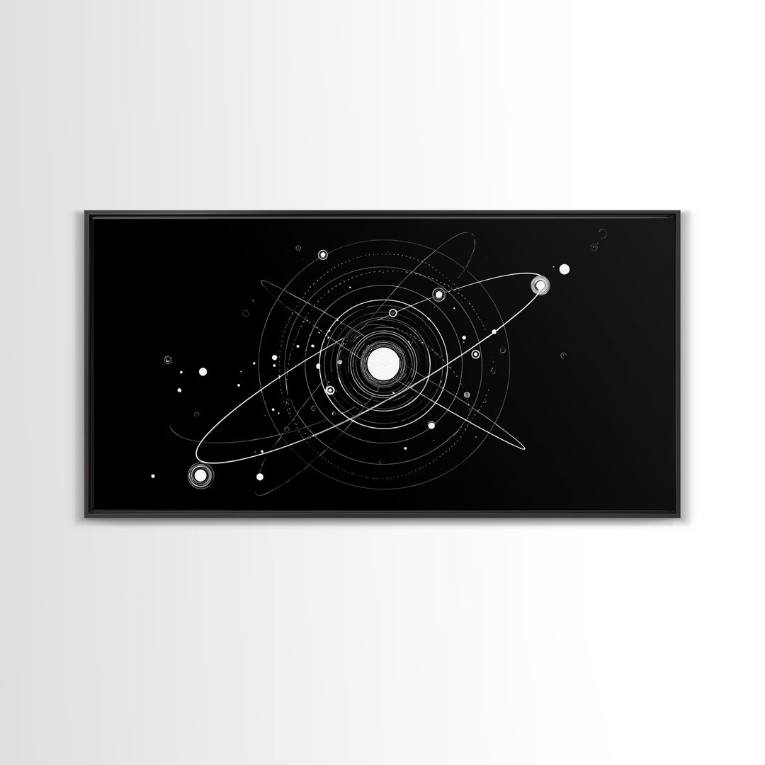 White Orbital Solar System On Black Canvas Print, Space Abstract Art, Atomic Midcentury Decor, Sci Fi Office Wall Decor Print