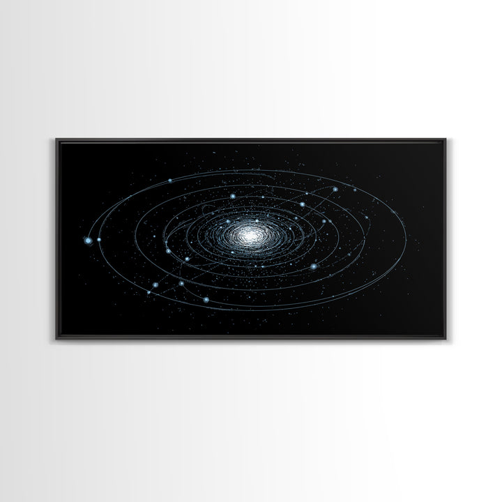 Blue Spiral Galaxy Orbits On Black Canvas Print, Space Abstract Wall Art, Cosmic Modern Decor, Sci Fi Office Poster Print