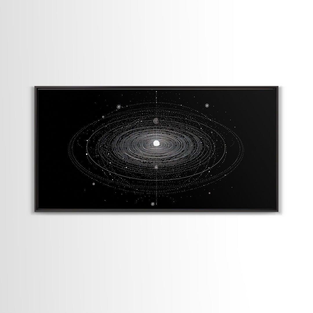 Black White Planetary Orbit Rings Canvas Print, Space Abstract Art, Minimal Modern Wall Decor, Sci Fi Office Poster Print