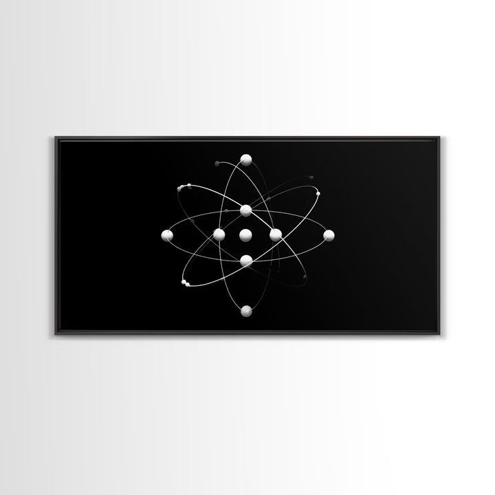 White Atomic Model On Black Canvas Print, Science Space Wall Art, Midcentury Modern Decor, Minimalist Office Poster Print
