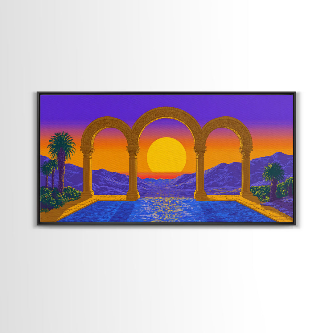 Sunset Arches Over Blue Pool And Mountains Canvas Print, Midcentury Modern Wall Decor, Retro Travel Poster For Living Room