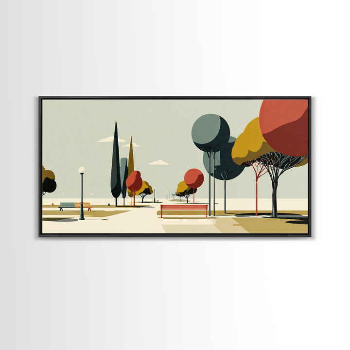 Colorful Park Promenade Canvas Print, Midcentury Modern Wall Art, Retro Landscape Poster, Scenic Home Office Decor Print Gift