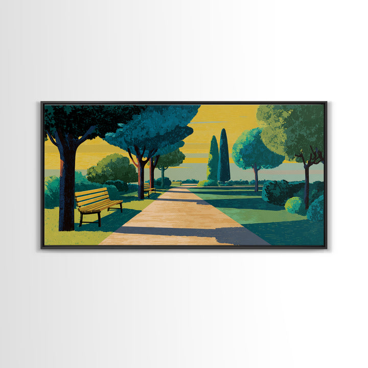 Sunlit Garden Path Framed Canvas Print, Midcentury Modern Wall Art, Scenic Landscape Poster, Green Home Office Decor Gift