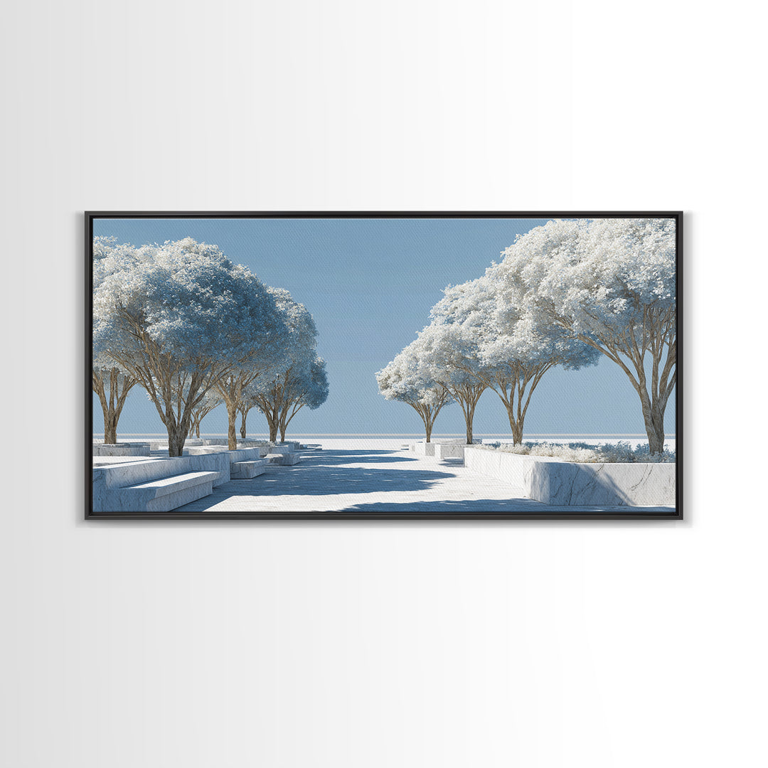 White Winter Tree Promenade Wall Art, Modern Coastal Landscape Print, Minimalist Blue Scenic Decor, Calm Living Room Poster