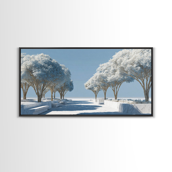 White Winter Tree Promenade Wall Art, Modern Coastal Landscape Print, Minimalist Blue Scenic Decor, Calm Living Room Poster