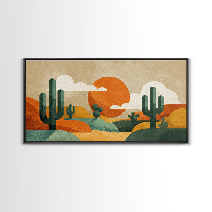 Abstract Cactus Desert Sun Wall Art, Midcentury Modern Print, Retro Orange Southwestern Decor, Geometric Landscape Poster