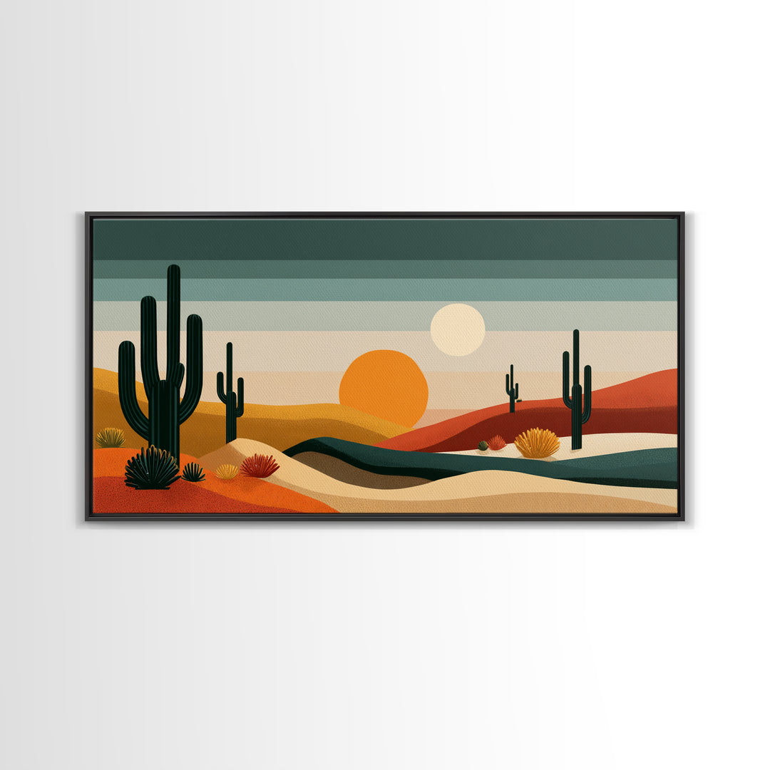 Modern Cactus Dunes Canvas Print, Midcentury Desert Wall Art, Southwestern Landscape Poster, Orange Sun Home Office Decor