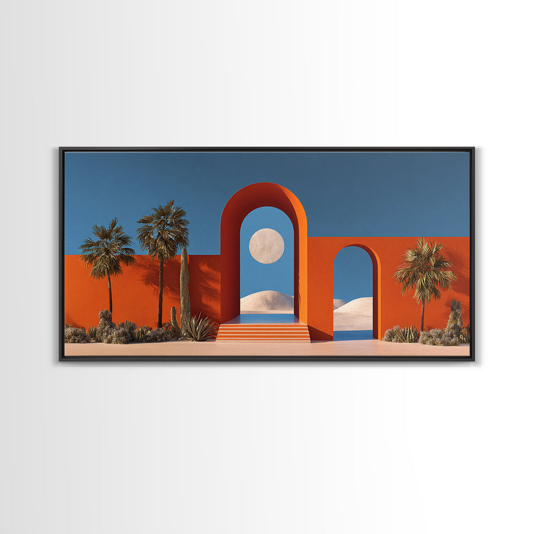 Orange Desert Portal With Moon Palms And White Dunes Wall Art, Midcentury Modern Southwest Decor, Palm Springs Landscape Print