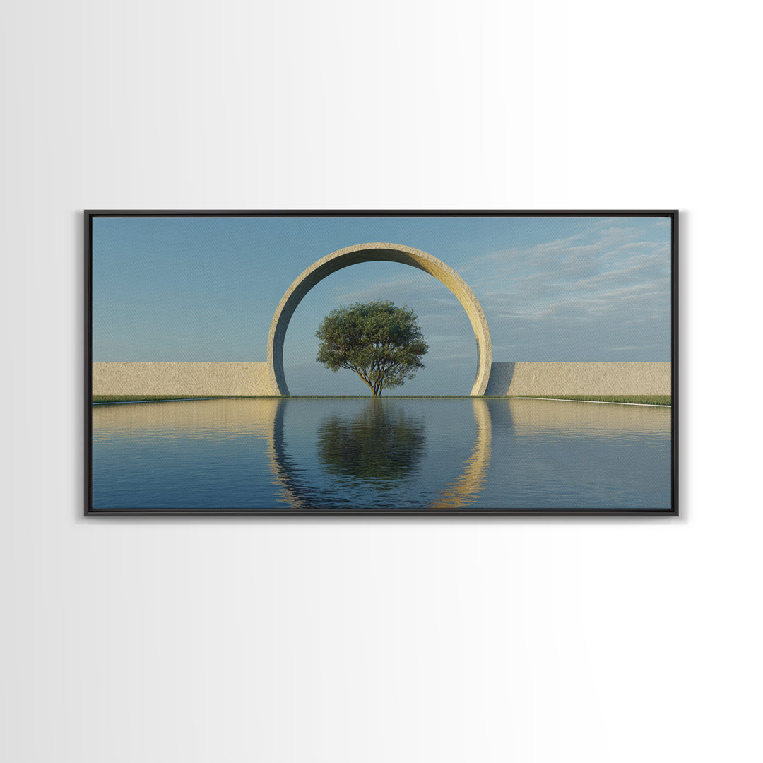 Circular Arch Tree Reflection Wall Art, Modern Landscape Print, Serene Water Decor, Minimalist Nature Art For Living Room
