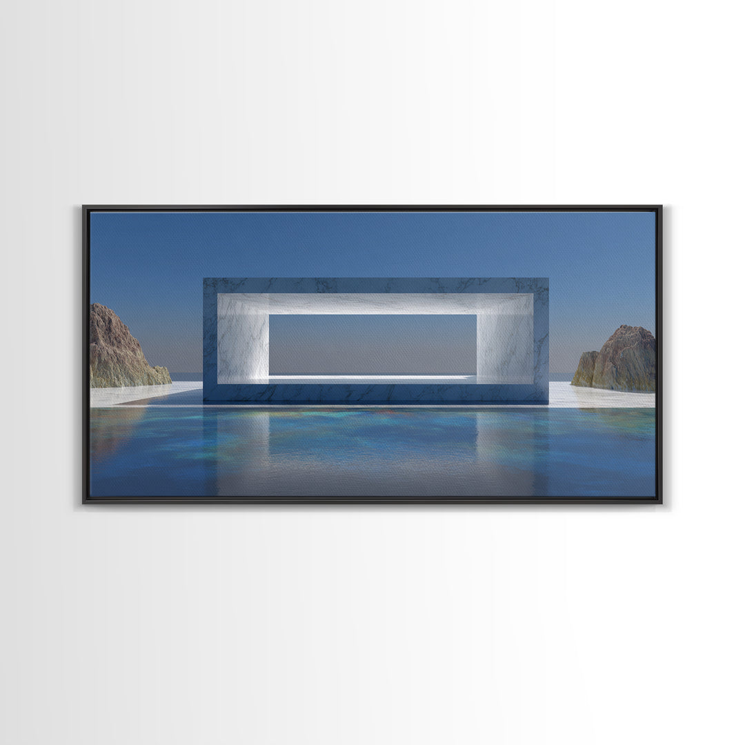 Marble Ocean Window Framed Canvas Print, Modern Architectural Wall Decor, Minimalist Coastal Art For Office And Living Room