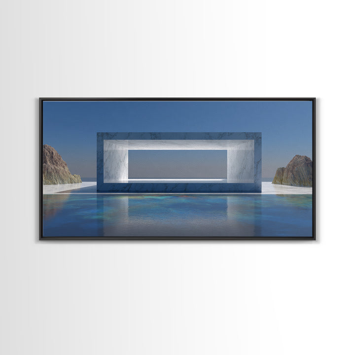 Marble Ocean Window Framed Canvas Print, Modern Architectural Wall Decor, Minimalist Coastal Art For Office And Living Room