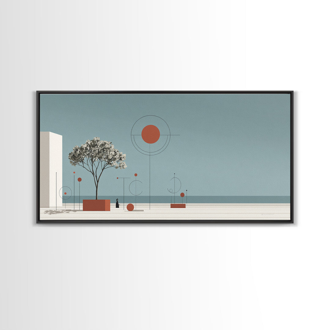 Minimal Tree With Orange Sun Canvas Print, Midcentury Modern Wall Decor, Geometric Abstract Art For Serene Calm Living Room