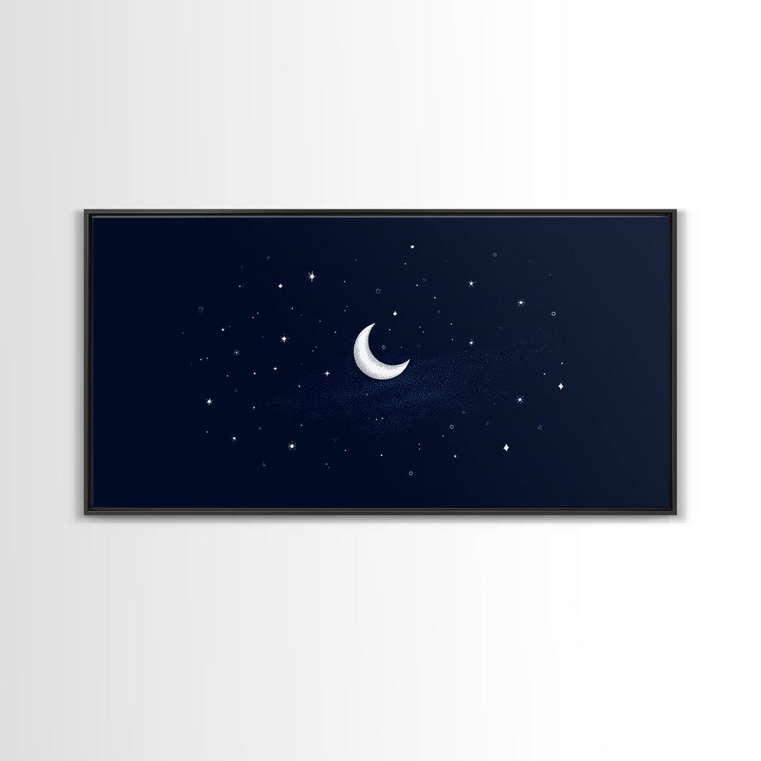White Crescent Moon And Stars Wall Art, Dreamy Navy Celestial Night Sky Print, Minimalist Space Decor For Bedroom Or Nursery