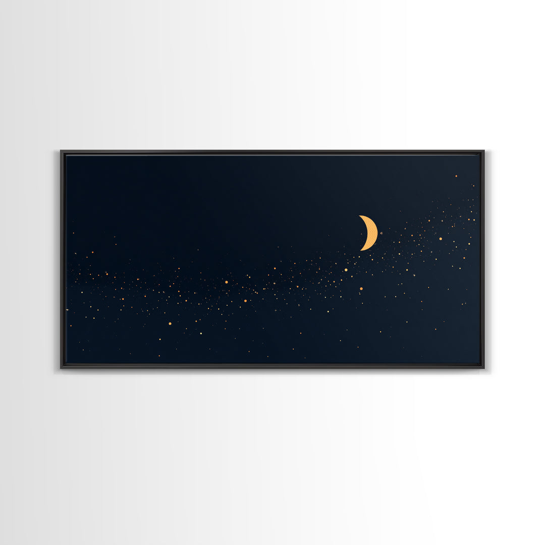 Golden Crescent Moon And Stars Wall Art, Mystical Dark Navy Celestial Print, Boho Night Sky Decor For Bedroom, Nursery, Gallery