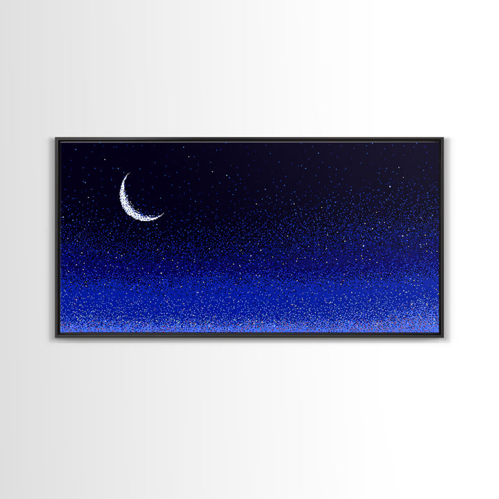 Blue Crescent Moon Star Field Wall Art, Cosmic Night Sky Print, Retro Pixel Space Decor For Bedroom, Dorm Room, Or Nursery
