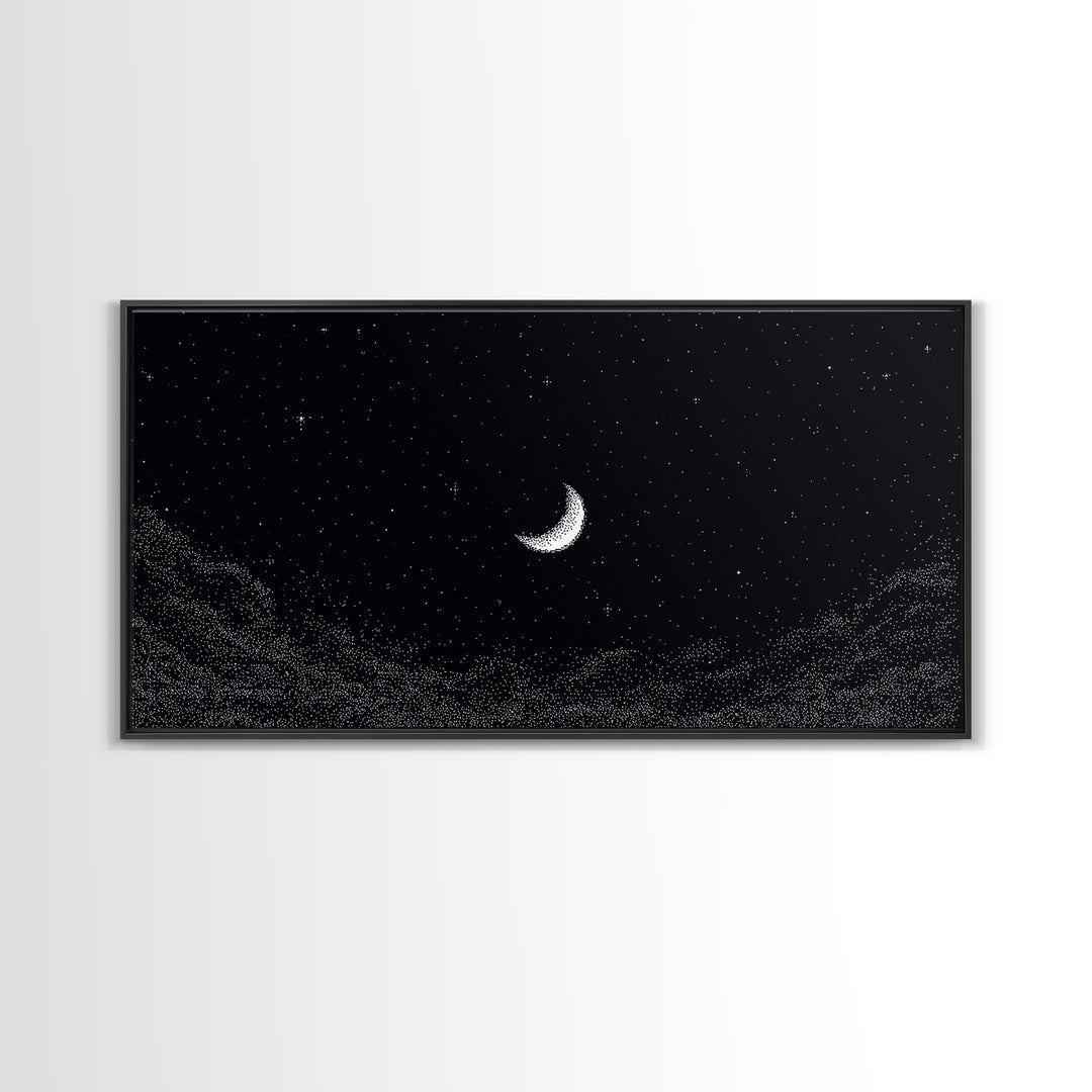 Black And White Crescent Moon Wall Art, Minimal Starry Night Sky Print, Celestial Space Decor For Bedroom Or Meditation Room