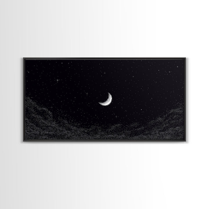 Black And White Crescent Moon Wall Art, Minimal Starry Night Sky Print, Celestial Space Decor For Bedroom Or Meditation Room